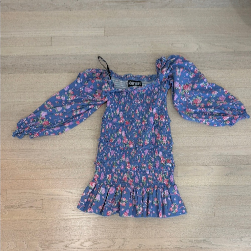 Katie J NYC Blue Floral Smocked Mini Dress with Puff Sleeves